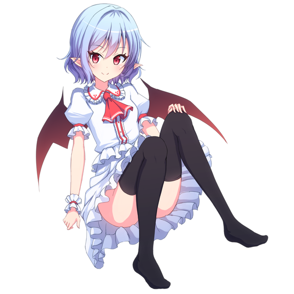 Anime picture 1080x1080 with touhou remilia scarlet junior27016 single looking at viewer short hair light erotic simple background smile red eyes white background sitting purple hair full body pointy ears short sleeves no shoes no panties convenient leg girl