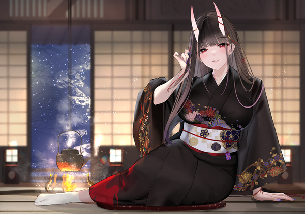 Anime picture 6680x4700 with original muka tsuku single long hair looking at viewer blush fringe highres breasts black hair red eyes large breasts sitting absurdres full body indoors blunt bangs nail polish traditional clothes parted lips
