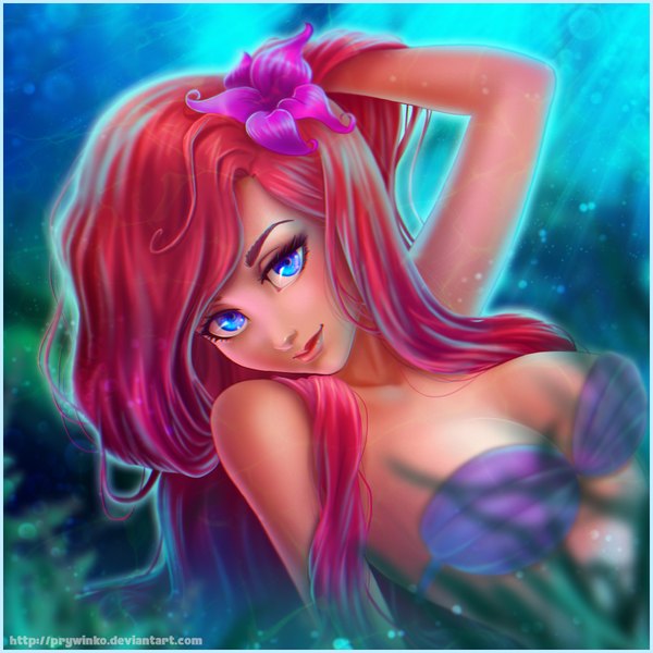 Anime picture 2000x2000 with the little mermaid disney ariel olga narhova single long hair looking at viewer highres breasts blue eyes light erotic smile bare shoulders signed red hair hair flower lips realistic adjusting hair eyebrows