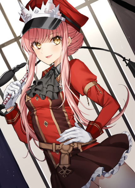 Anime picture 1062x1486 with fate (series) fate/grand order medb (fate) gambe single long hair tall image looking at viewer breasts open mouth smile yellow eyes payot pink hair military alluring chief warden look girl skirt gloves uniform