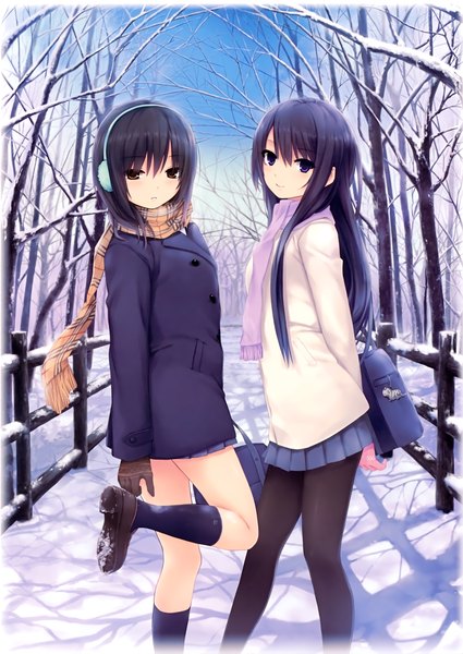 Anime picture 2123x3000 with original aoyama sumika shiramine rika coffee-kizoku long hair tall image highres short hair black hair purple eyes multiple girls brown eyes scan winter snow girl skirt uniform 2 girls school uniform