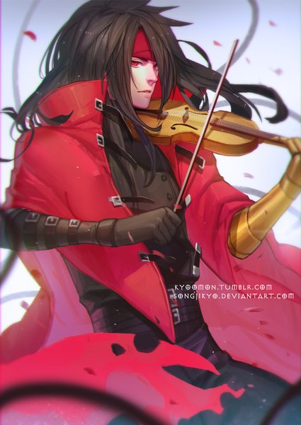Anime picture 590x832 with final fantasy final fantasy vii square enix vincent valentine songjikyo single long hair tall image looking at viewer black hair simple background red eyes playing instrument boy gloves petals musical instrument clothes violin bow (instrument)