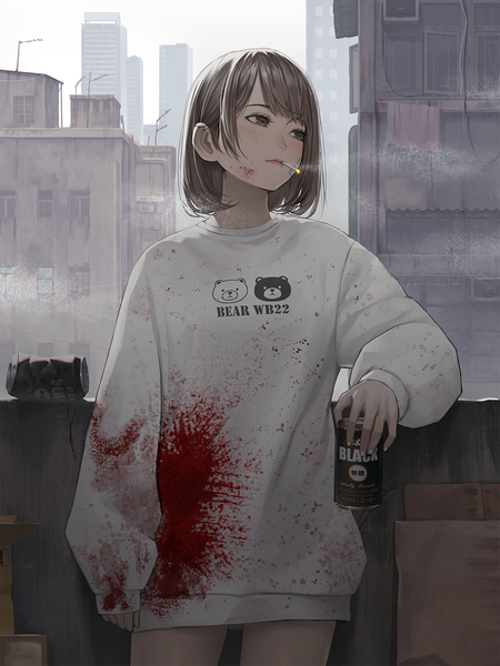 Anime-Bild 1050x1400 mit original jchoy single tall image short hair brown hair standing brown eyes looking away long sleeves turning head city sleeves past wrists smoke smoking blood on face bloody clothes girl building (buildings) blood
