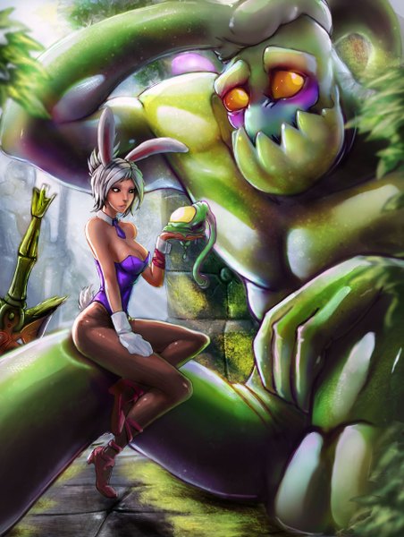 Anime picture 942x1250 with league of legends riven (league of legends) battle bunny riven zac (league of legends) carlos eduardo tall image short hair breasts light erotic sitting bare shoulders animal ears yellow eyes cleavage tail animal tail grey hair orange eyes bunny ears bunny girl
