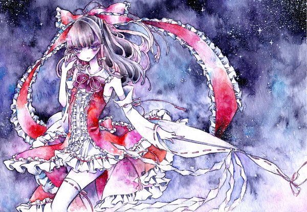 Anime picture 1202x830 with touhou hakurei reimu miri (lycoris-candy) single blush short hair open mouth black hair red eyes bare shoulders miko traditional media watercolor (medium) girl thighhighs bow hair bow detached sleeves white thighhighs