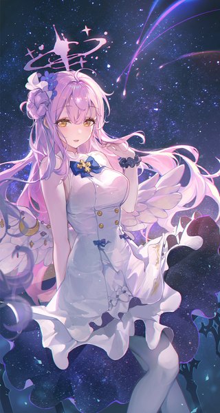 Anime picture 1050x1971 with blue archive mika (blue archive) ttosom single long hair tall image looking at viewer fringe breasts open mouth standing bare shoulders yellow eyes pink hair hair bun (hair buns) sleeveless white wings wrist scrunchie starry sky print meteor rain