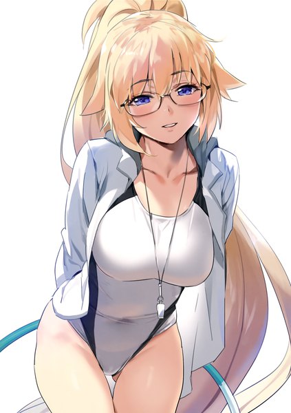Anime picture 2560x3631 with fate (series) fate/grand order jeanne d'arc (fate) (all) jeanne d'arc (swimsuit archer) yd (orange maru) single tall image looking at viewer fringe highres breasts blue eyes light erotic blonde hair simple background hair between eyes standing white background payot ponytail