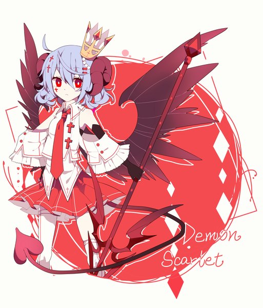 Anime picture 2299x2689 with touhou remilia scarlet gla single tall image looking at viewer fringe highres short hair hair between eyes red eyes blue hair ahoge tail long sleeves horn (horns) wide sleeves alternate costume text english