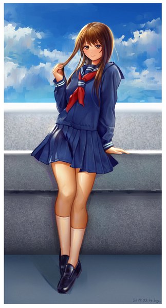 Anime picture 2253x4185 with original yahiro (666131415) single long hair tall image looking at viewer blush fringe highres smile hair between eyes brown hair standing brown eyes signed sky cloud (clouds) full body outdoors long sleeves