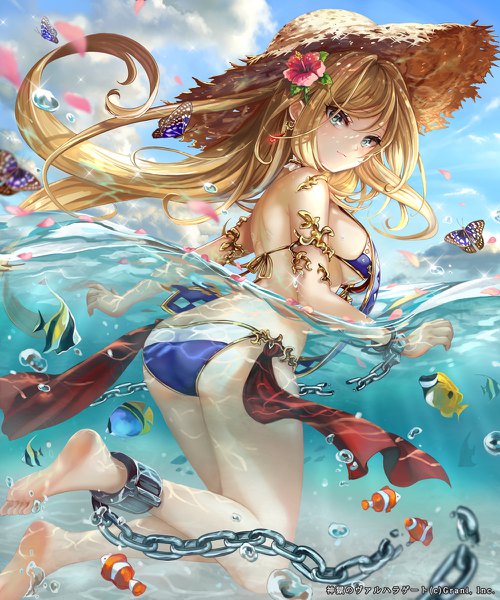Anime picture 1000x1200 with shingoku no valhalla gate pisuke single long hair tall image looking at viewer fringe breasts light erotic blonde hair hair between eyes large breasts payot sky cloud (clouds) bent knee (knees) ass looking back hair flower aqua eyes