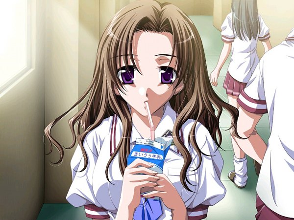 Anime picture 1024x768 with wet and messy 2 (game) brown hair purple eyes game cg girl serafuku milk