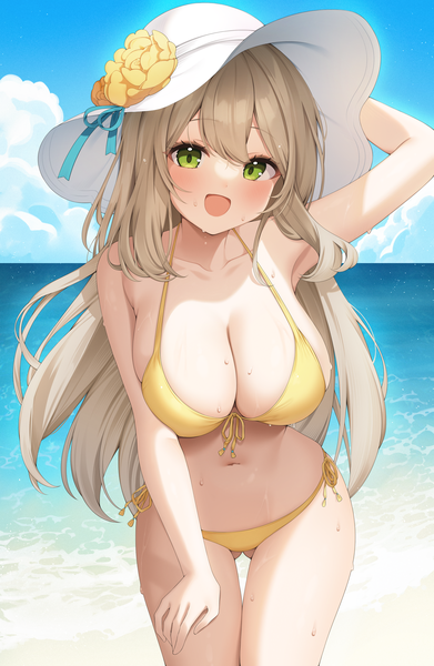 Anime picture 3000x4600 with blue archive nonomi (blue archive) nonomi (swimsuit) (blue archive) reel (riru) single long hair tall image looking at viewer blush fringe highres breasts open mouth light erotic blonde hair hair between eyes large breasts standing green eyes sky