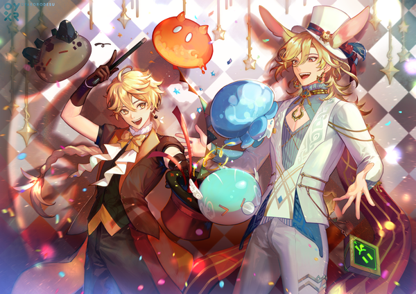 Anime picture 2481x1754 with genshin impact aether (genshin impact) slime (genshin impact) kaveh (genshin impact) oyakorodesu long hair fringe highres open mouth blonde hair hair between eyes animal ears yellow eyes tail braid (braids) :d animal tail multiple boys bunny ears single braid