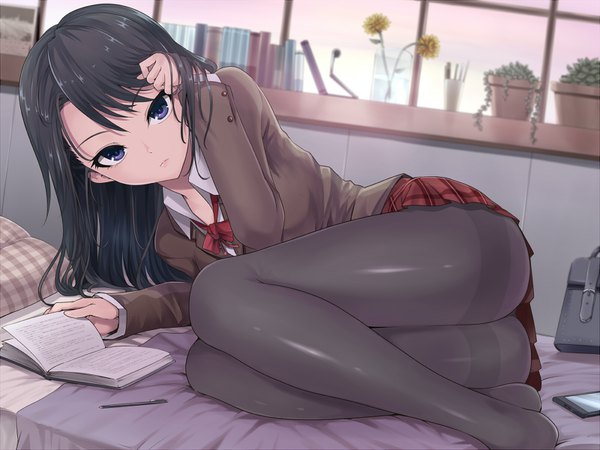 Anime picture 1600x1200 with original kasai shin single long hair looking at viewer fringe blue eyes light erotic black hair bent knee (knees) indoors lying no shoes adjusting hair on side plaid skirt girl skirt uniform plant (plants)