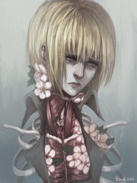 Anime picture 1800x2400 with shingeki no kyojin production i.g armin arlert lllannah single tall image highres short hair blue eyes blonde hair simple background signed looking away lips grey background muscle sad abstract bone (bones) 2016