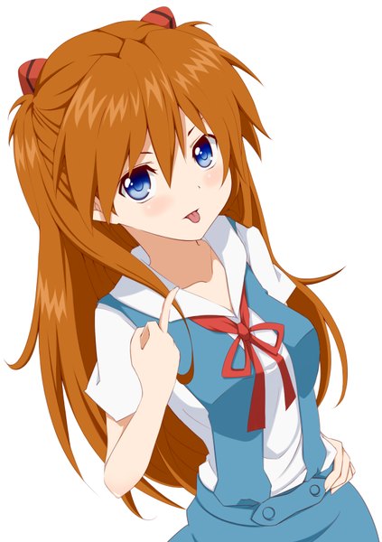 Anime picture 1200x1700 with neon genesis evangelion rebuild of evangelion gainax soryu asuka langley nemu (nebusokugimi) single long hair tall image looking at viewer blush fringe blue eyes simple background hair between eyes brown hair standing white background upper body short sleeves :p