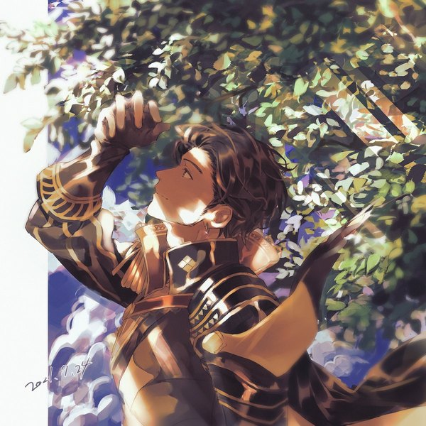 Anime picture 1200x1200 with fire emblem fire emblem: three houses nintendo claude von riegan rschclg single short hair smile brown hair green eyes upper body arm up sunlight dated looking up shaded face boy gloves plant (plants) earrings