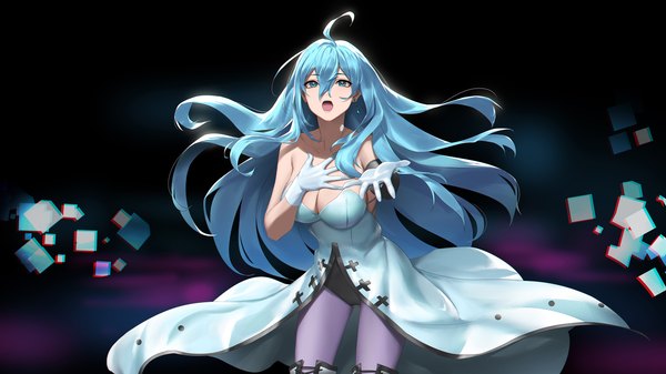 Anime picture 2667x1500 with vivy: fluorite eye's song wit studio vivy sunkilow single long hair fringe highres breasts open mouth blue eyes light erotic simple background hair between eyes wide image large breasts standing payot blue hair looking away