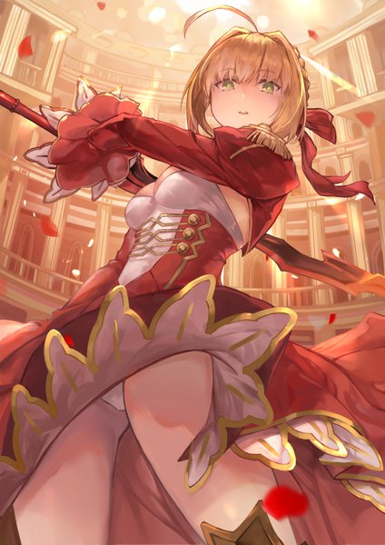 Anime picture 694x981 with fate (series) fate/grand order fate/extra nero claudius (fate) (all) nero claudius (fate) bkko single tall image looking at viewer fringe short hair breasts open mouth light erotic blonde hair hair between eyes standing holding green eyes payot