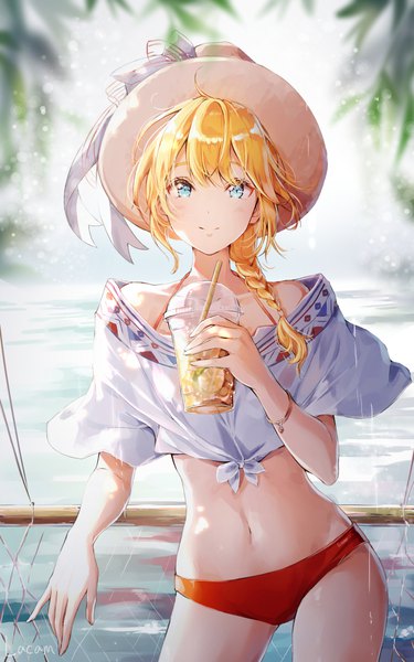 Anime picture 700x1120 with original la campanella single long hair tall image looking at viewer blush fringe blue eyes light erotic blonde hair smile hair between eyes standing bare shoulders holding signed outdoors braid (braids) sunlight