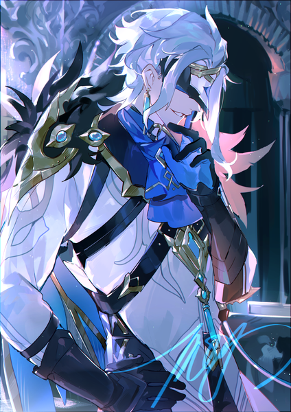 Anime picture 1158x1637 with genshin impact dottore (genshin impact) mors gn single tall image short hair smile silver hair upper body profile hand on hip hand to mouth boy gloves earrings mask