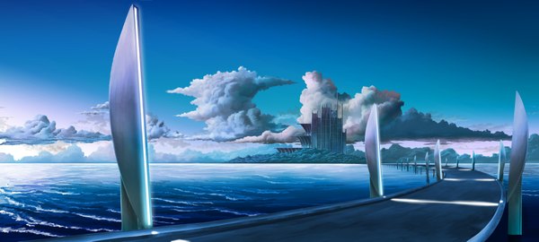 Anime picture 2048x923 with original gyure highres wide image sky cloud (clouds) horizon landscape scenic water sea building (buildings) road wave (waves)