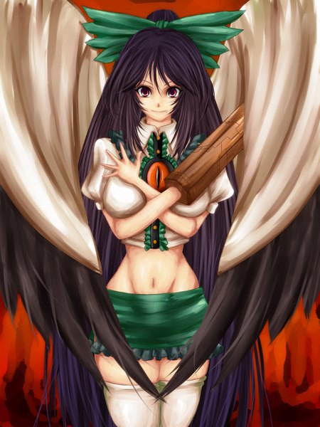 Anime picture 1200x1600 with touhou reiuji utsuho untue single long hair tall image black hair red eyes midriff arm cannon girl thighhighs skirt navel bow weapon hair bow miniskirt white thighhighs wings