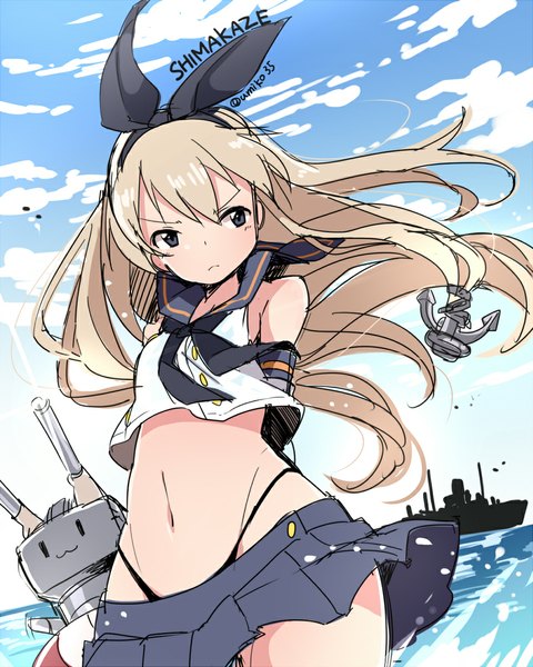 Anime picture 907x1134 with kantai collection shimakaze destroyer rensouhou-chan umiko (munemiu) single long hair tall image blush light erotic blonde hair bare shoulders signed looking away sky cloud (clouds) wind black eyes bare belly character names hands behind back