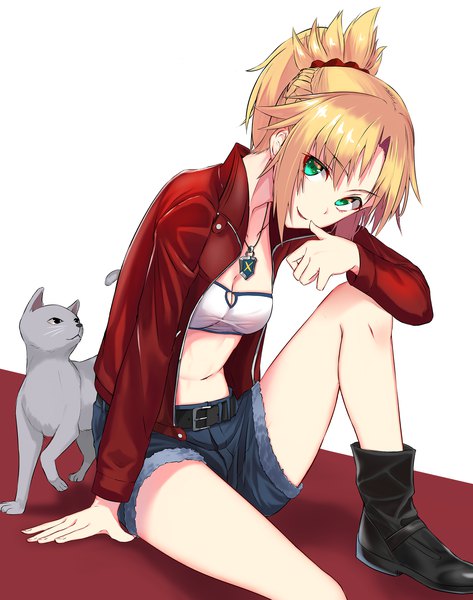 Anime picture 3000x3800 with fate (series) fate/grand order fate/apocrypha mordred (fate) jun (aousa0328) single tall image looking at viewer highres short hair blonde hair sitting green eyes cleavage ponytail arm support open jacket finger to mouth girl animal