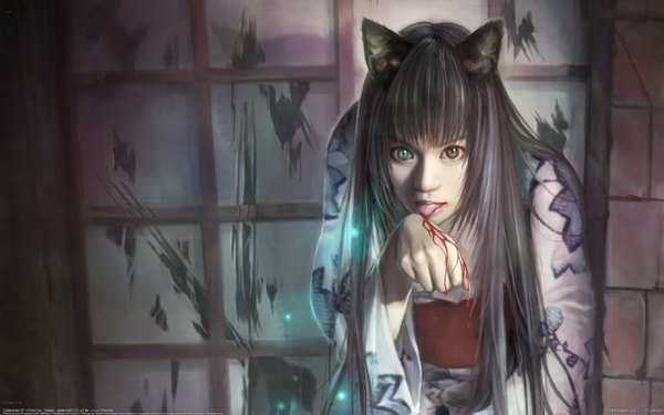 Anime-Bild 2560x1600 mit original eat0123 single long hair looking at viewer fringe highres open mouth black hair brown eyes green eyes signed animal ears traditional clothes japanese clothes cat ears realistic wallpaper heterochromia watermark