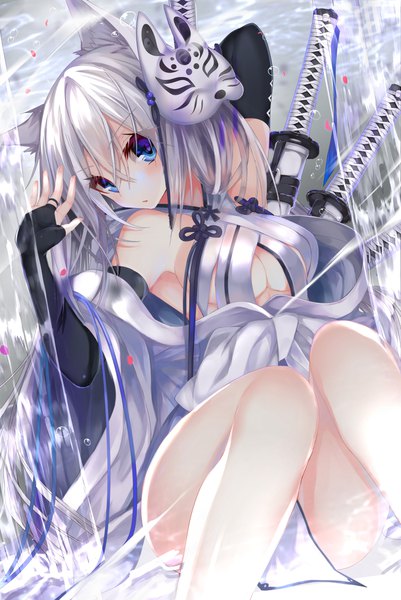 Anime picture 792x1185 with original nekoboshi sakko single tall image looking at viewer blush fringe breasts open mouth blue eyes light erotic hair between eyes large breasts sitting bare shoulders animal ears payot cleavage silver hair bent knee (knees)