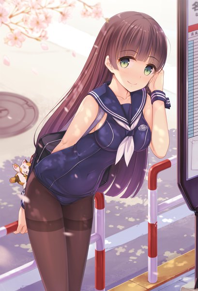 Anime picture 697x1022 with original yokaze japan single long hair tall image looking at viewer fringe light erotic brown hair outdoors blunt bangs shadow leaning leaning forward cherry blossoms covered navel adjusting hair shaded face sailor collar girl