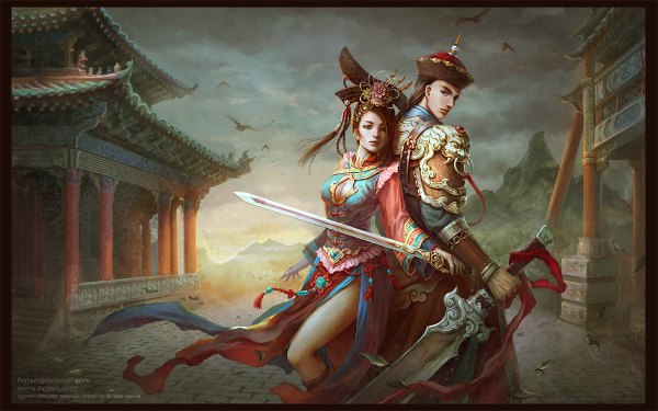 Anime picture 1200x750 with hgjart long hair brown hair wide image brown eyes hair flower realistic mountain framed back to back architecture east asian architecture girl boy hair ornament ribbon (ribbons) weapon hat animal sword