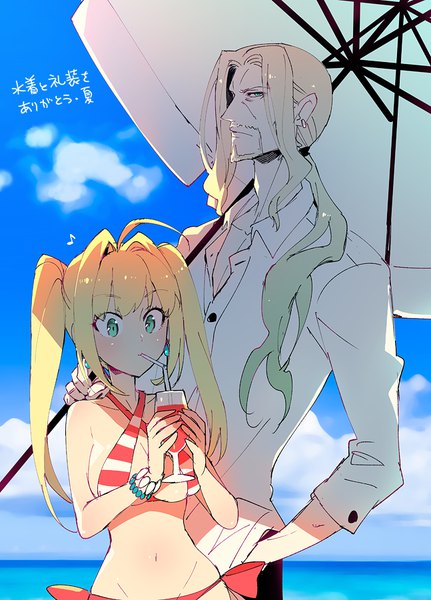 Anime picture 647x900 with fate (series) fate/grand order nero claudius (fate) nero claudius (swimsuit caster) (fate) vlad iii (fate/apocrypha) koshiro itsuki long hair tall image looking at viewer light erotic blonde hair twintails holding sky cloud (clouds) ahoge ponytail profile aqua eyes inscription