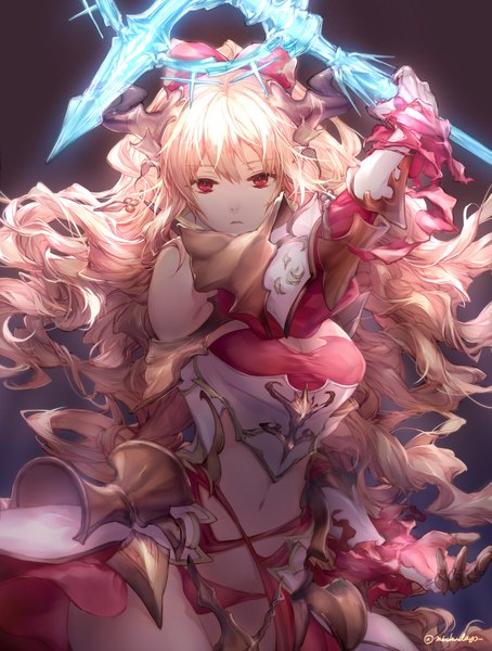 Anime-Bild 1515x2000 mit granblue fantasy vira lilie michudx (michudayo) single tall image looking at viewer fringe breasts light erotic simple background blonde hair hair between eyes red eyes large breasts standing cleavage very long hair arm up horn (horns) grey background