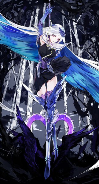 Anime picture 648x1200 with fate (series) fate/grand order brynhildr (fate) mo (mocopo) single tall image looking at viewer purple eyes blue hair silver hair full body very long hair multicolored hair arm up two-tone hair colored inner hair dress lift girl dress armor