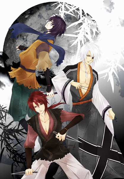 Anime picture 1500x2154 with saku tadashi long hair tall image short hair purple hair white hair red hair torn clothes group boy weapon scarf pants eyepatch knife