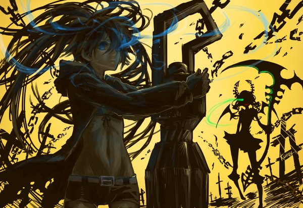 Anime picture 2952x2031 with black rock shooter black rock shooter (character) dead master zhen hun qu long hair highres blue eyes black hair twintails multiple girls bare belly glowing glowing eye (eyes) silhouette girl dress gloves navel weapon 2 girls