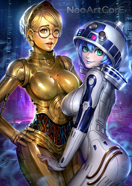 Anime picture 700x990 with star wars r2-d2 c-3po nudtawut thongmai tall image looking at viewer blush short hair breasts blonde hair smile large breasts multiple girls green eyes yellow eyes blue hair realistic eyebrows genderswap mechanical