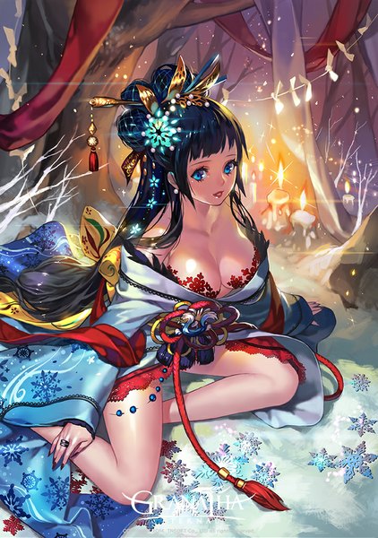 Anime picture 720x1024 with granatha eternal lightbreeze long hair tall image fringe breasts open mouth blue eyes light erotic black hair sitting bare shoulders payot looking away bent knee (knees) blunt bangs traditional clothes japanese clothes hair flower fingernails