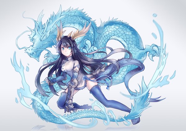 Anime picture 1280x906 with puzzle & dragons karin (p&d) vienri single long hair looking at viewer blush blue eyes black hair smile horn (horns) chinese clothes girl thighhighs gloves ribbon (ribbons) armor chinese dress dragon