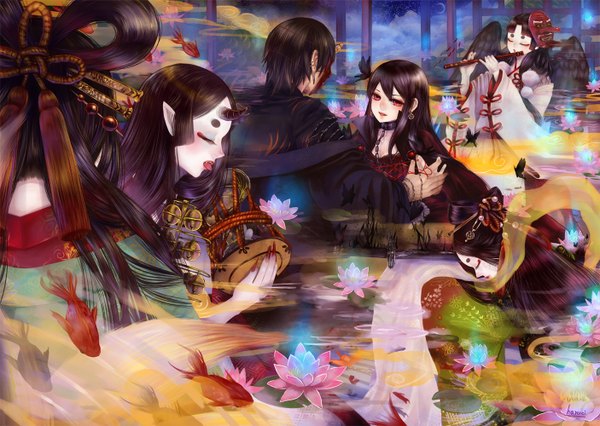Anime picture 1406x1000 with original haruci long hair short hair black hair red eyes multiple girls eyes closed horn (horns) couple dancing girl dress boy hair ornament flower (flowers) animal wings mask fish (fishes)