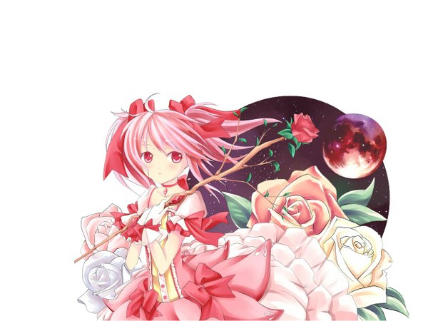 Anime picture 1280x960 with mahou shoujo madoka magica shaft (studio) kaname madoka tagme (artist) single short hair simple background red eyes white background pink hair girl dress gloves flower (flowers) bow hair bow rose (roses) branch