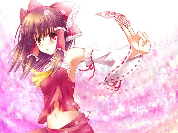 Anime picture 1427x1075 with touhou hakurei reimu single long hair blush red eyes brown hair traditional clothes hieroglyph miko girl skirt navel bow hair bow detached sleeves skirt set card (cards) ofuda