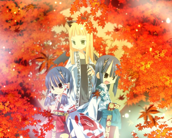 Anime picture 1280x1024 with ishika to honori ishika (ishika to honori) honori (ishika to honori) habaki (ishika to honori) long hair fringe open mouth black hair blonde hair red eyes multiple girls green eyes blunt bangs traditional clothes japanese clothes wallpaper miko third-party edit bat wings autumn