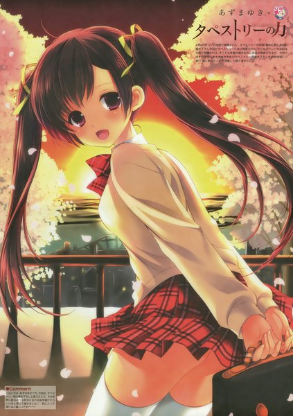 Anime picture 2397x3400 with original azuma yuki single long hair tall image looking at viewer blush highres open mouth brown hair twintails purple eyes scan girl thighhighs uniform ribbon (ribbons) hair ribbon school uniform petals