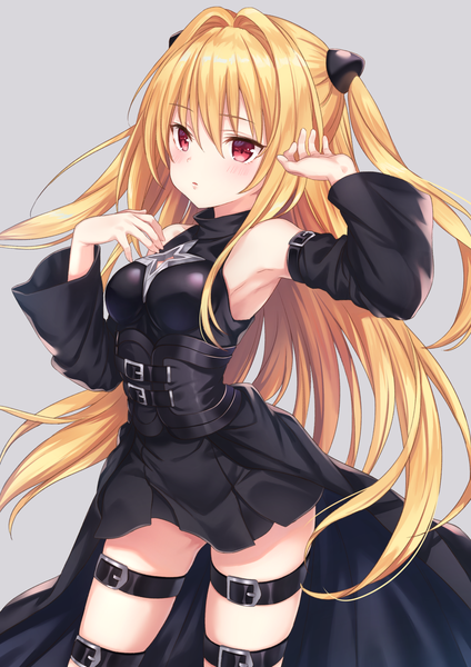 Anime picture 1736x2456 with toloveru toloveru darkness xebec konjiki no yami jimmy madomagi single long hair tall image blush fringe highres light erotic blonde hair simple background hair between eyes red eyes bare shoulders looking away long sleeves arm up