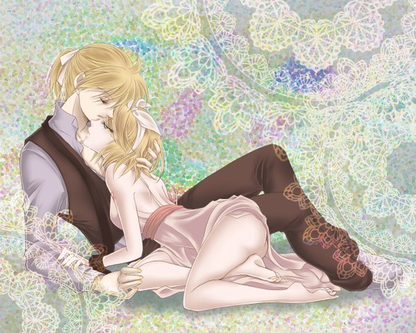 Anime picture 1280x1024 with vocaloid kagamine rin kagamine len tagme (artist) light erotic incest twincest girl