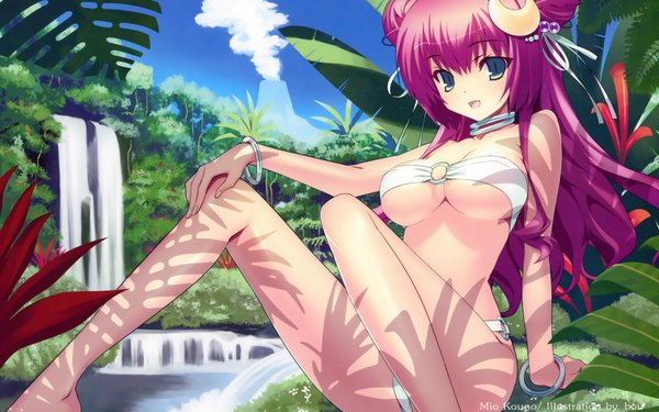 Anime picture 4000x2500 with 11 eyes doga kobo kouno mio long hair highres open mouth light erotic wide image sitting twintails green eyes pink hair absurdres summer crescent waterfall volcano girl swimsuit plant (plants)