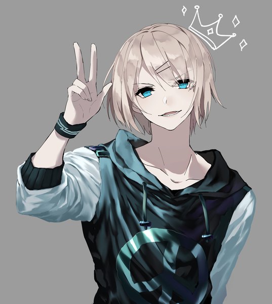 Anime picture 3573x3992 with original yukishima bema single tall image looking at viewer fringe highres short hair open mouth blue eyes blonde hair simple background smile absurdres upper body grey background sparkle victory >:) peace symbol